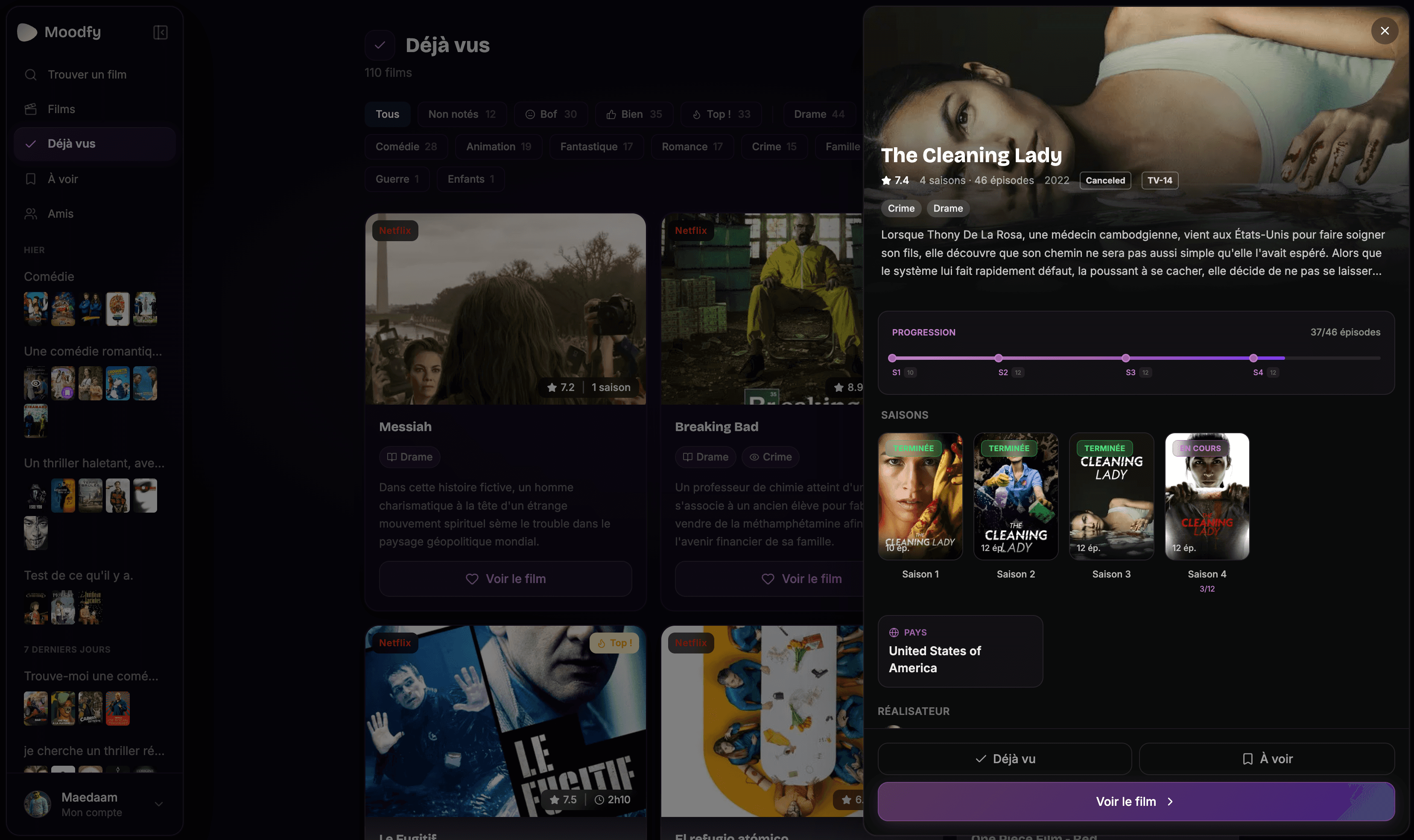 Moodfy app — film detail with season progression