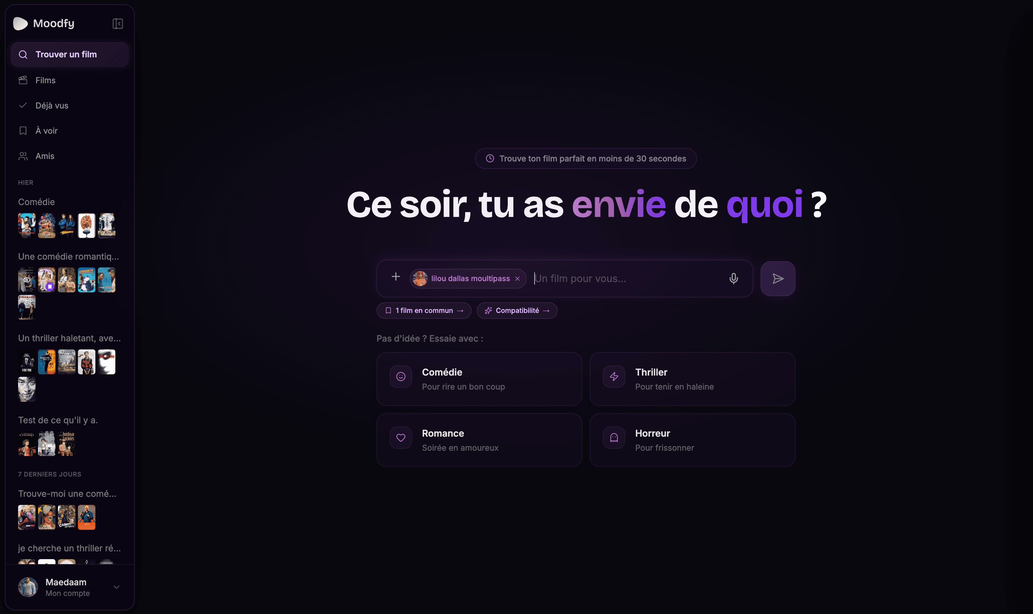 Moodfy app — search screen with friends taste matching