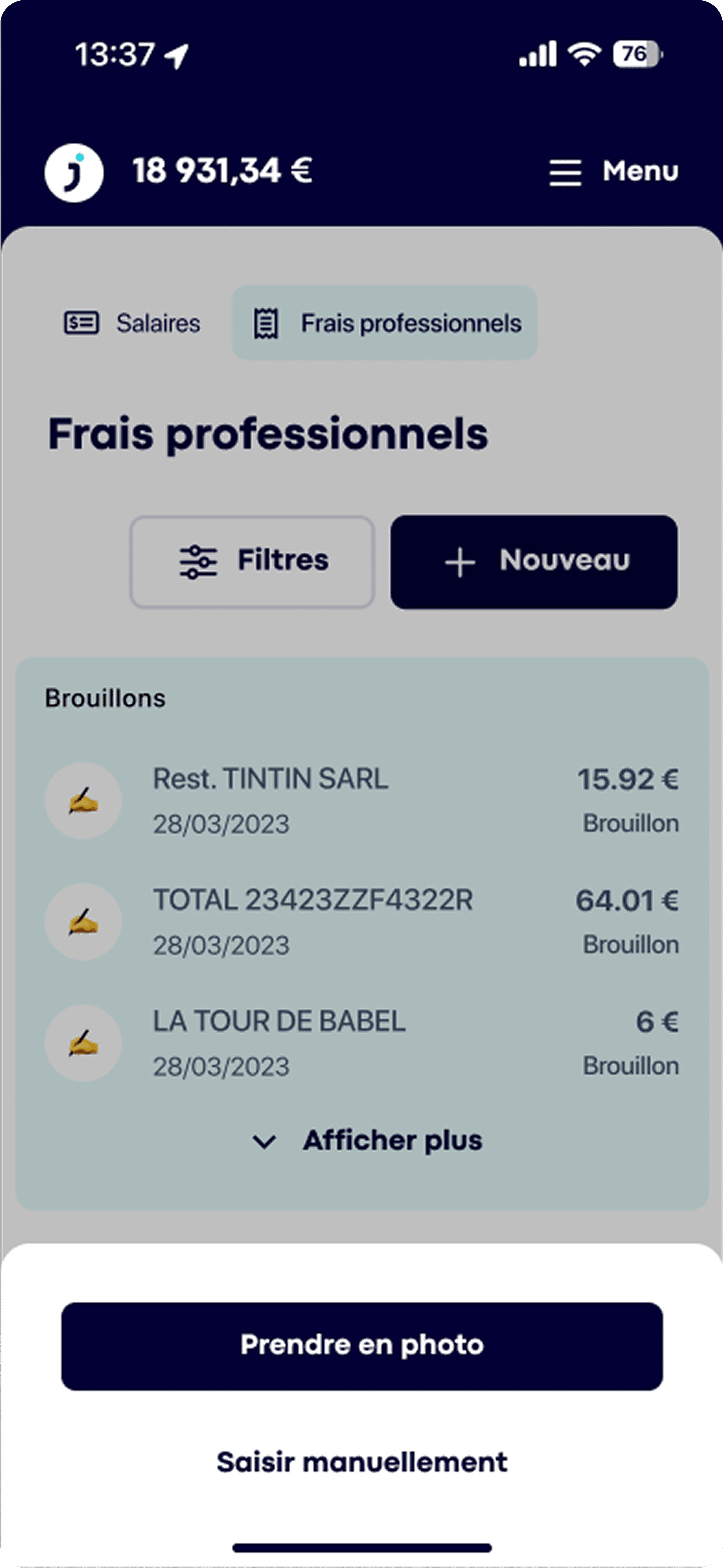 1. Open the expenses list. One tap on Prendre en photo to start.