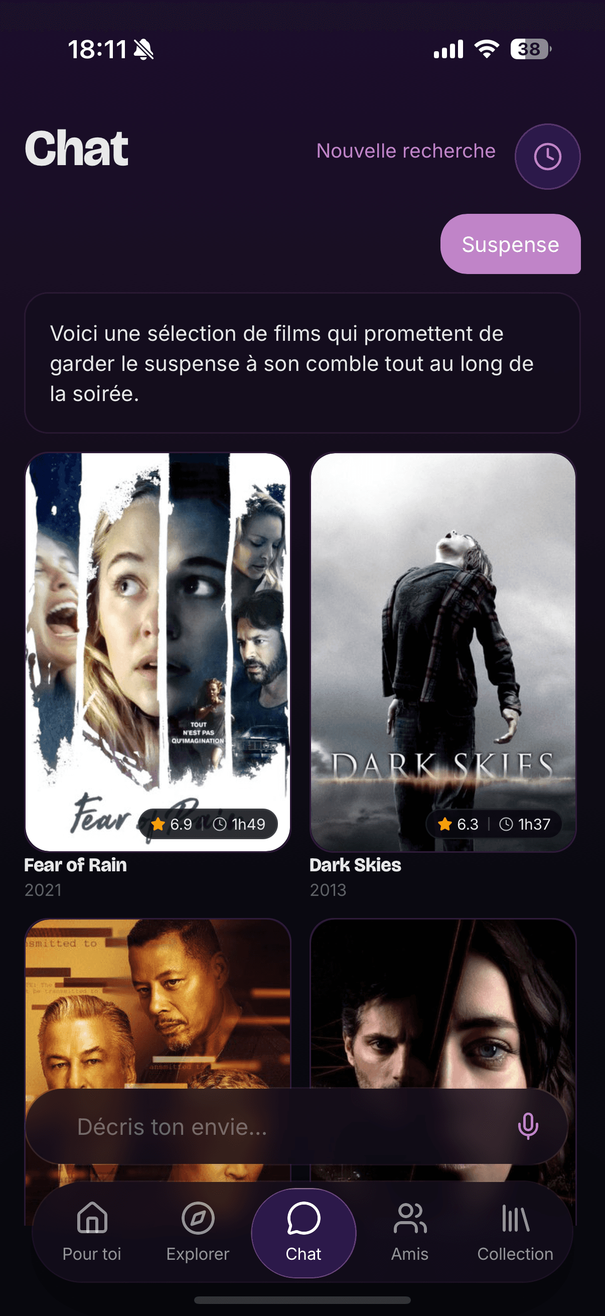 Chat tab — Moodfy returns a curated answer with movie cards
