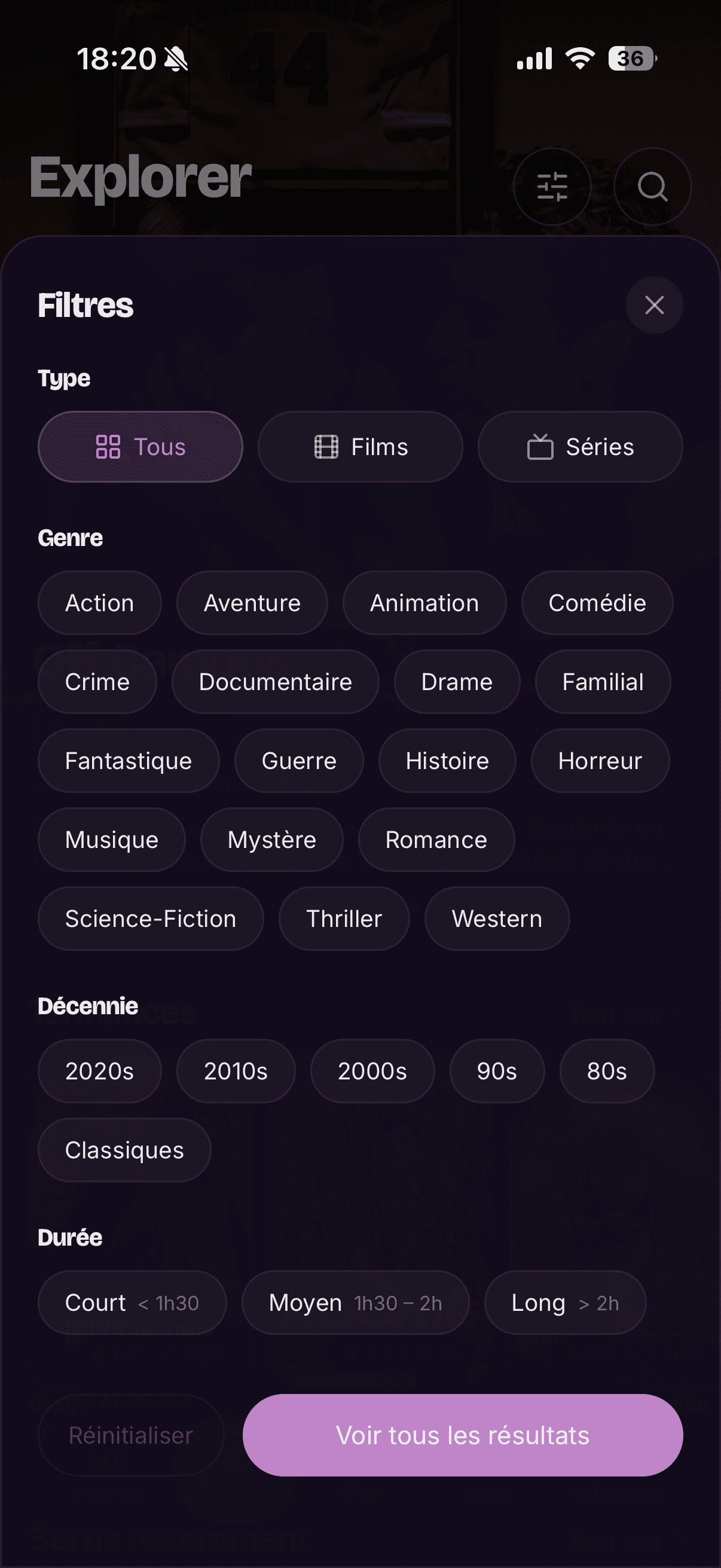 Moodfy mobile — Explorer filters sheet (Type, Genre, Décennie, Durée)