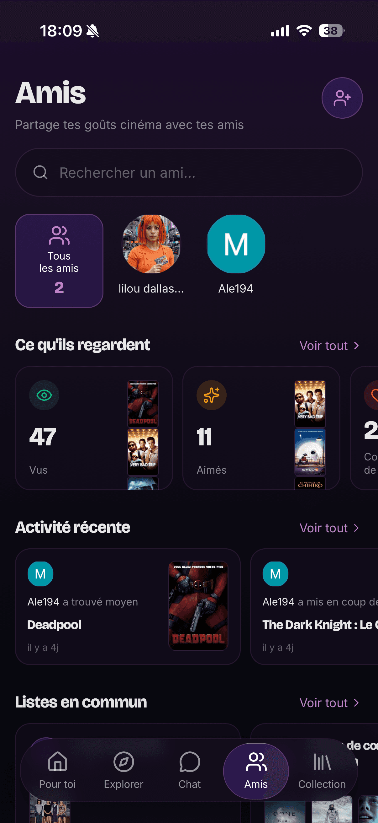 Amis tab — activity feed, common lists, what your circle has watched