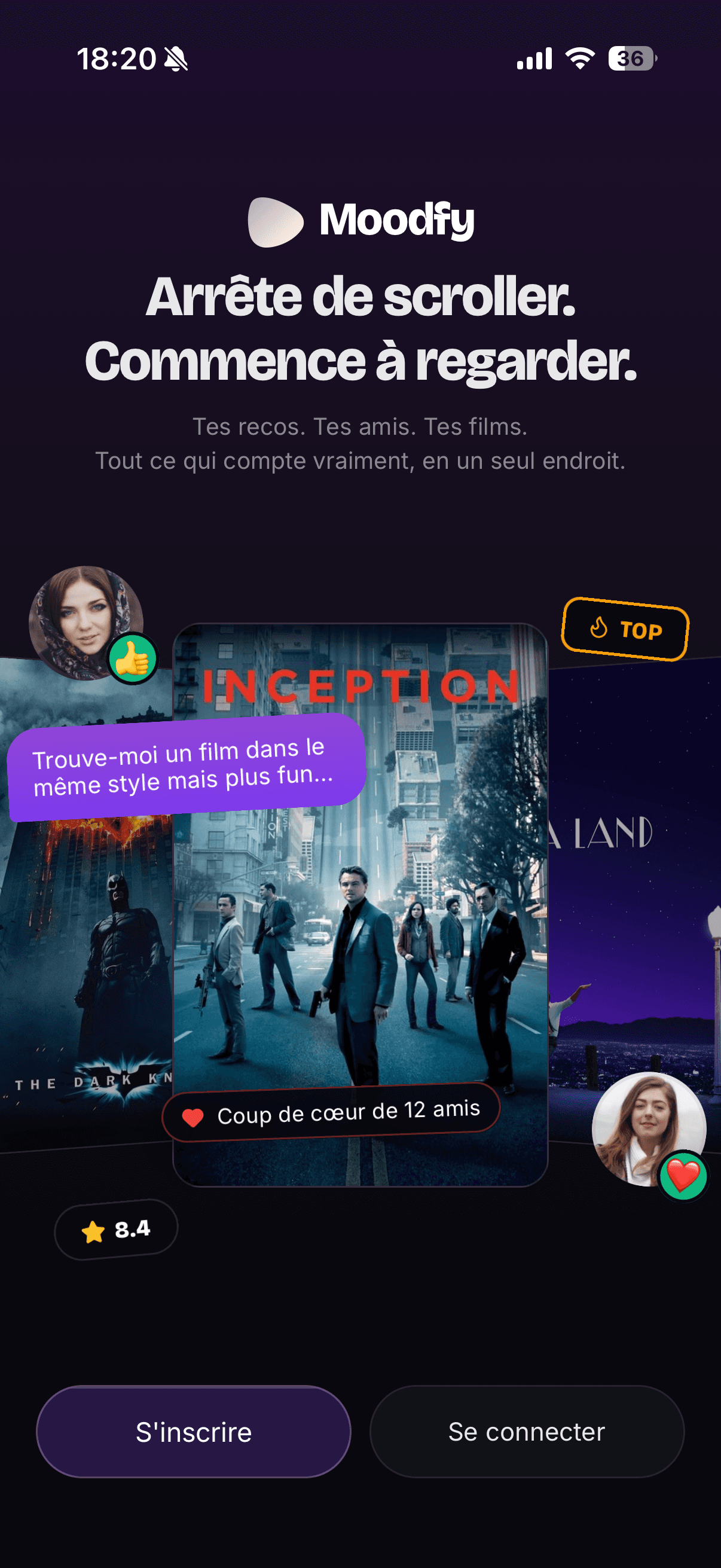 Moodfy mobile — landing screen with tagline 'Arrête de scroller. Commence à regarder.'